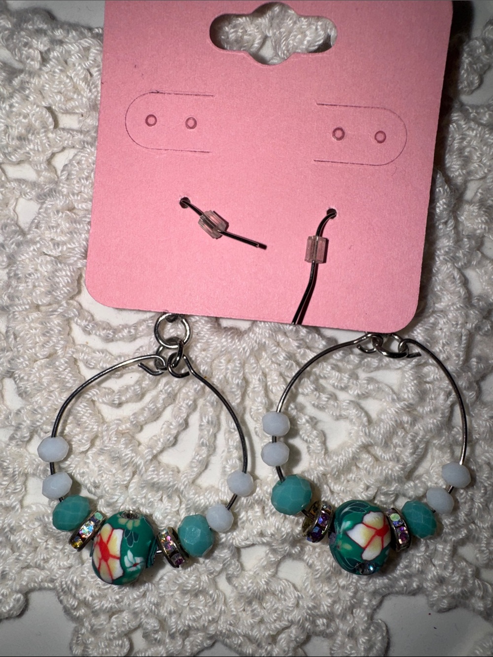 Handcrafted Teal Floral Hoop Earrings NWOT - Picture 2 of 3